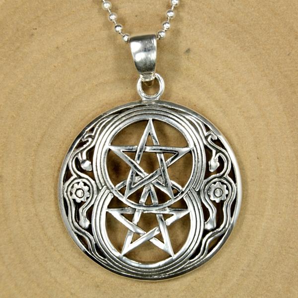 Sterling Silber Anhänger Chalice-Brunnen, Vesica Piscis mit Doppeltem Pentagramm Ø 28 mm