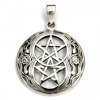 Sterling Silber Anhänger Chalice-Brunnen, Vesica Piscis mit Doppeltem Pentagramm Ø 28 mm