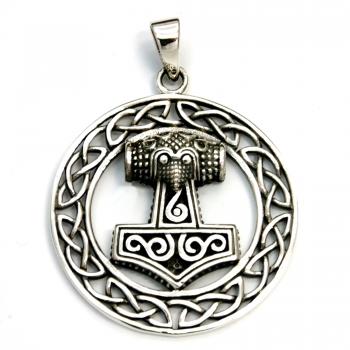 Sterling Silber Anhänger Thors Hammer in einem Rad mit keltischem Flechtmuster Ø 33 mm