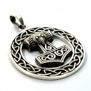 Sterling Silber Anhänger Thors Hammer in einem Rad mit keltischem Flechtmuster Ø 33 mm